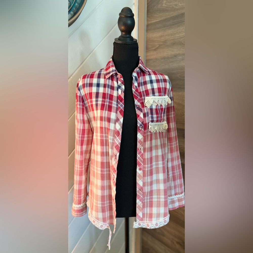 Plaid Button-Up Shirt with Lace Details